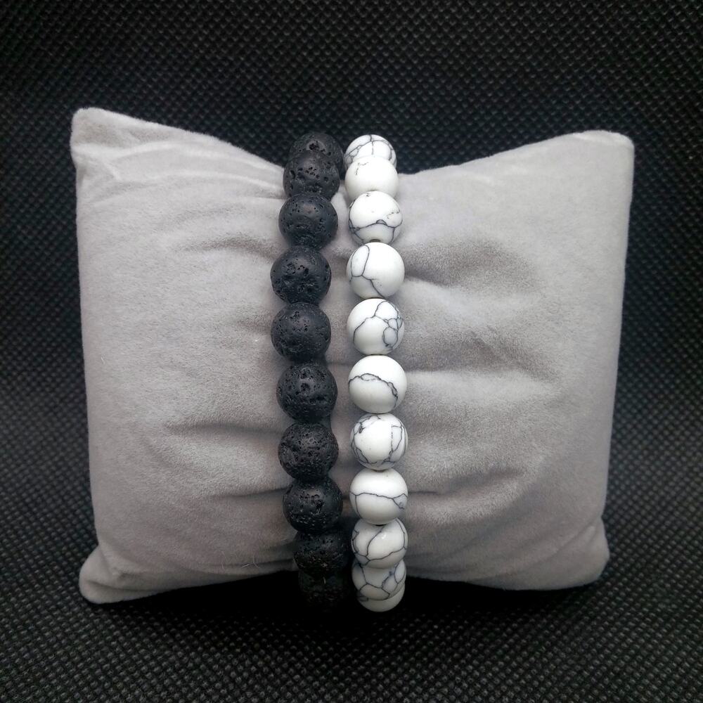 Two Gemstone Beaded Bracelets Artisan Made White Howlite Black Lava Stone NEW